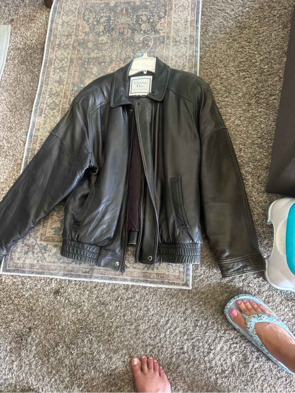 Dior Black Leather Bomber Jacket with Ribbed Hem